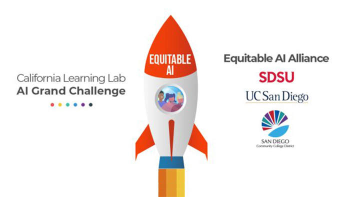 Illustration of a rocket labeled “Equitable AI” launching upward with diverse figures inside, alongside logos for the California Learning Lab AI Grand Challenge, Equitable AI Alliance, SDSU, UC San Diego, and San Diego Community College District.